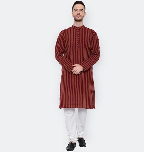 Striped Printed Mandarin Collar Kurta